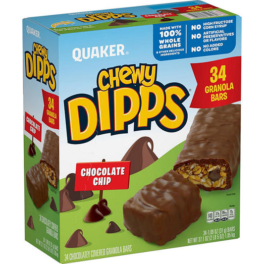 Quaker Chewy Dipps Granola Bars, Chocolate Chip, 1.09 oz, 34 count