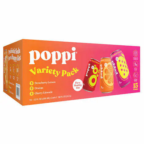 Poppi Prebiotic Soda, Variety Pack, 12 fl oz, 15-count