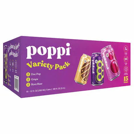 Poppi Prebiotic Soda, Variety Pack, 12 fl oz, 15-count