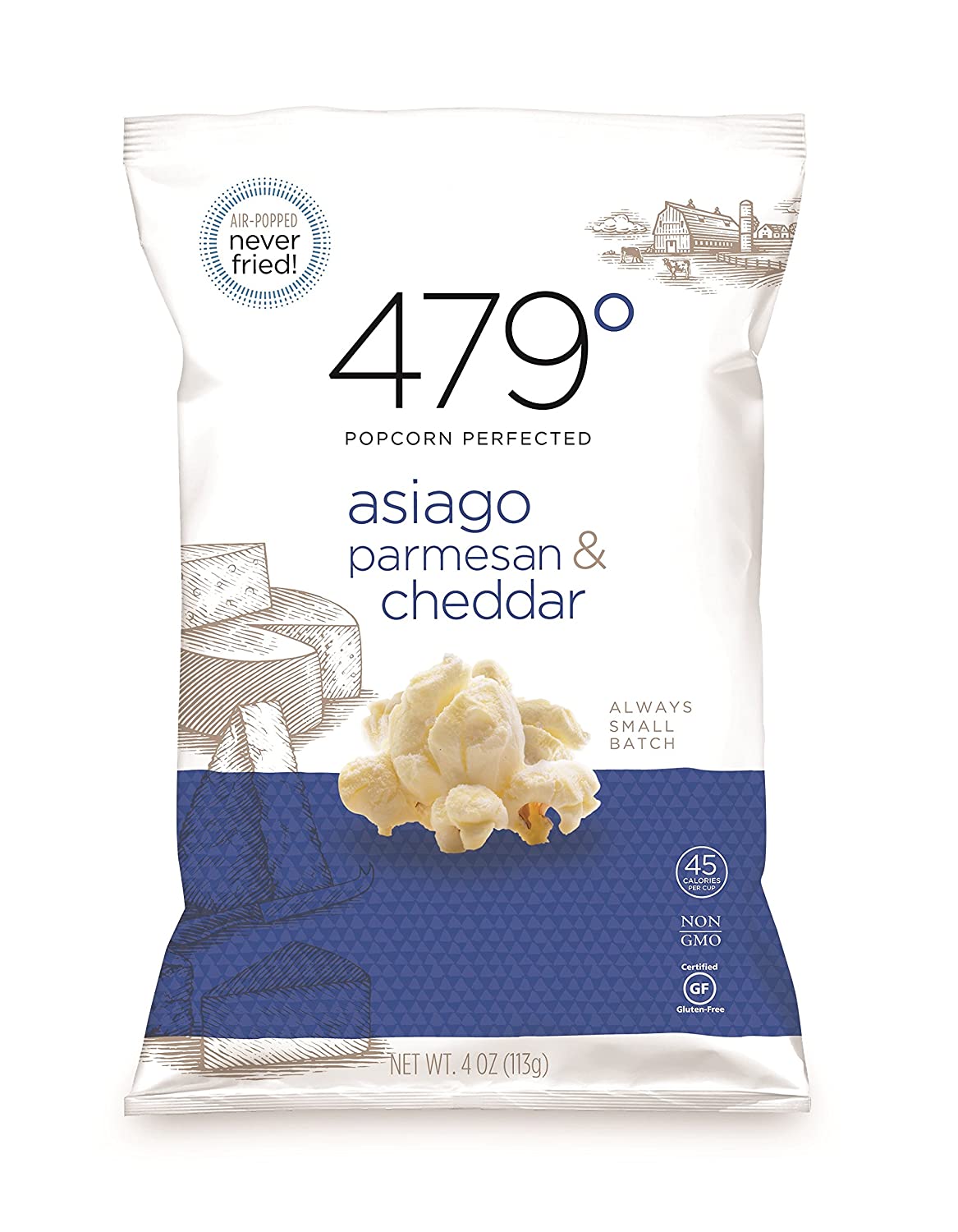 479 Degrees Artisan Popcorn, Asiago, Parmesan and Cheddar, 4 Ounce