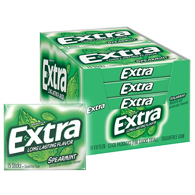 EXTRA Spearmint Sugarfree Chewing Gum, 15 Pieces (Pack of 10)