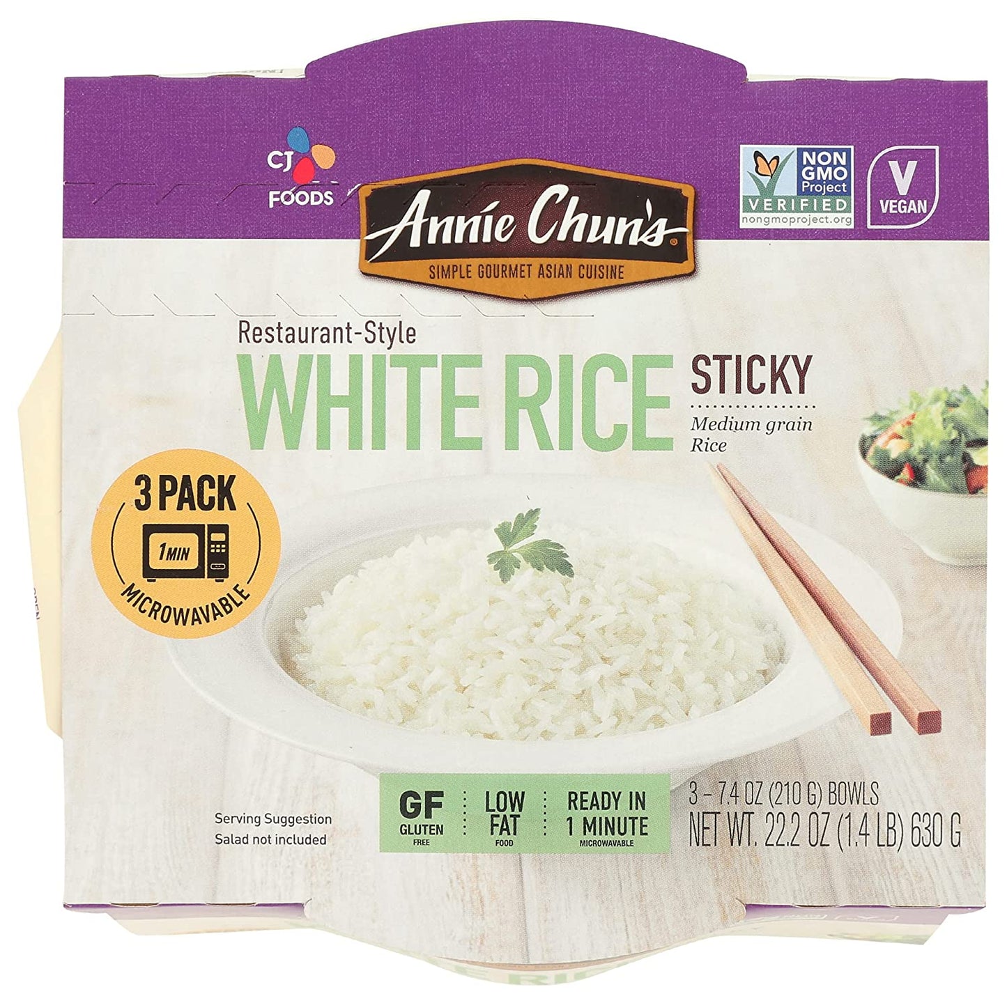 Annie Chun's Restaurant-Style White Rice Sticky, Vegan, Gluten Free & Non-GMO, 3 Count, 22.2 Oz (Pack of 3)