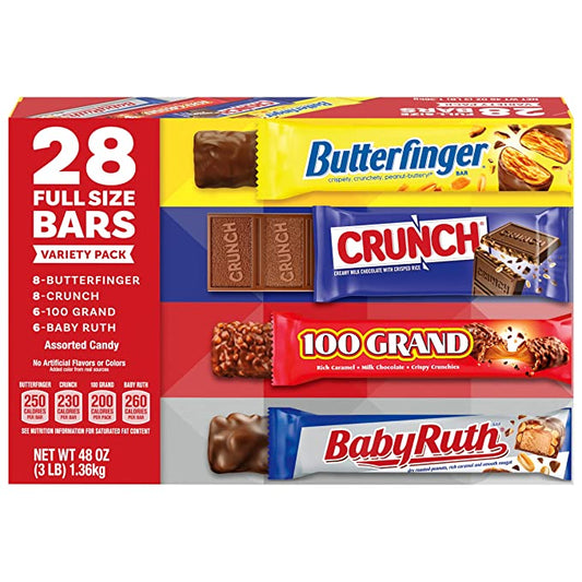 Butterfinger, CRUNCH, Baby Ruth and 100 Grand - Full Size Chocolate Candy Bars, 48 oz, Bulk 28 Pack