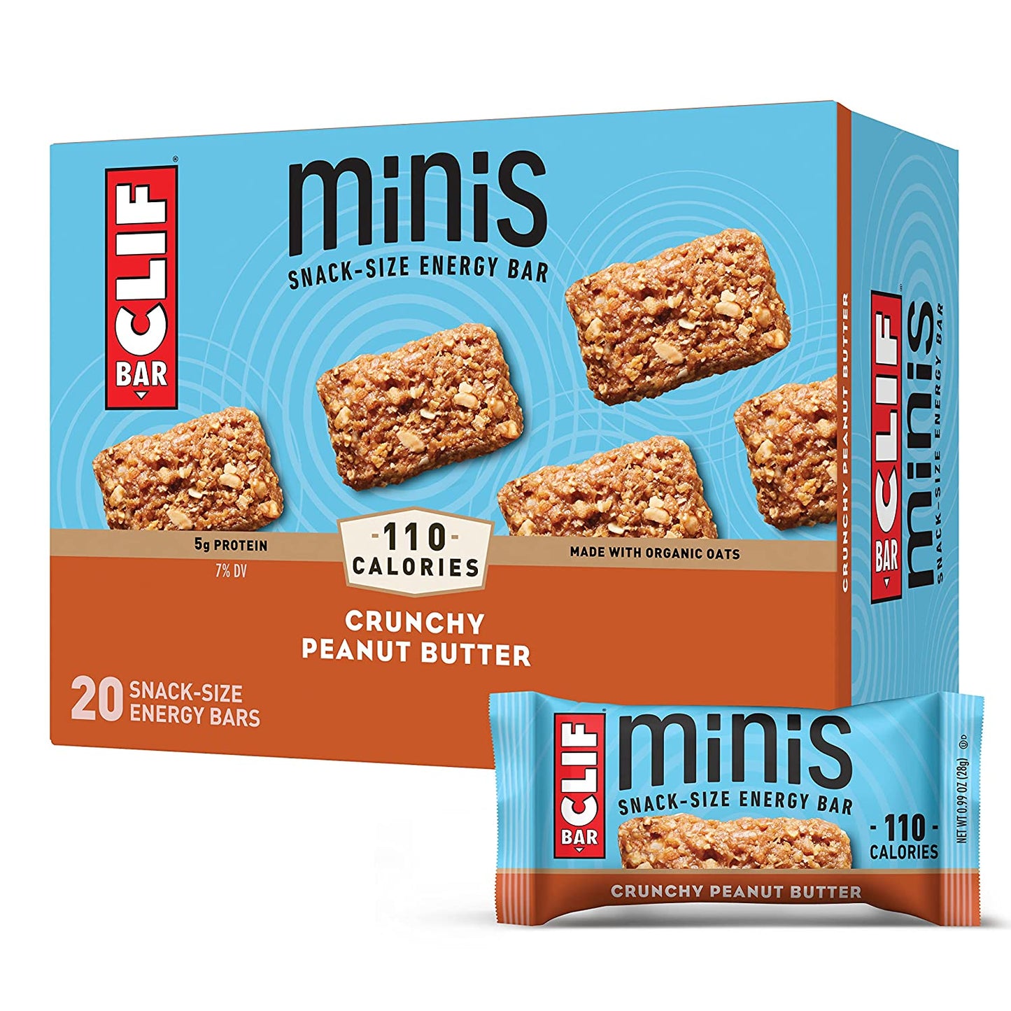 CLIF BARS - Mini Energy Bars - Crunchy Peanut Butter -Made with Organic Oats - Plant Based Food - Vegetarian - Kosher (0.99 Ounce Snack Bars, 20 Count)