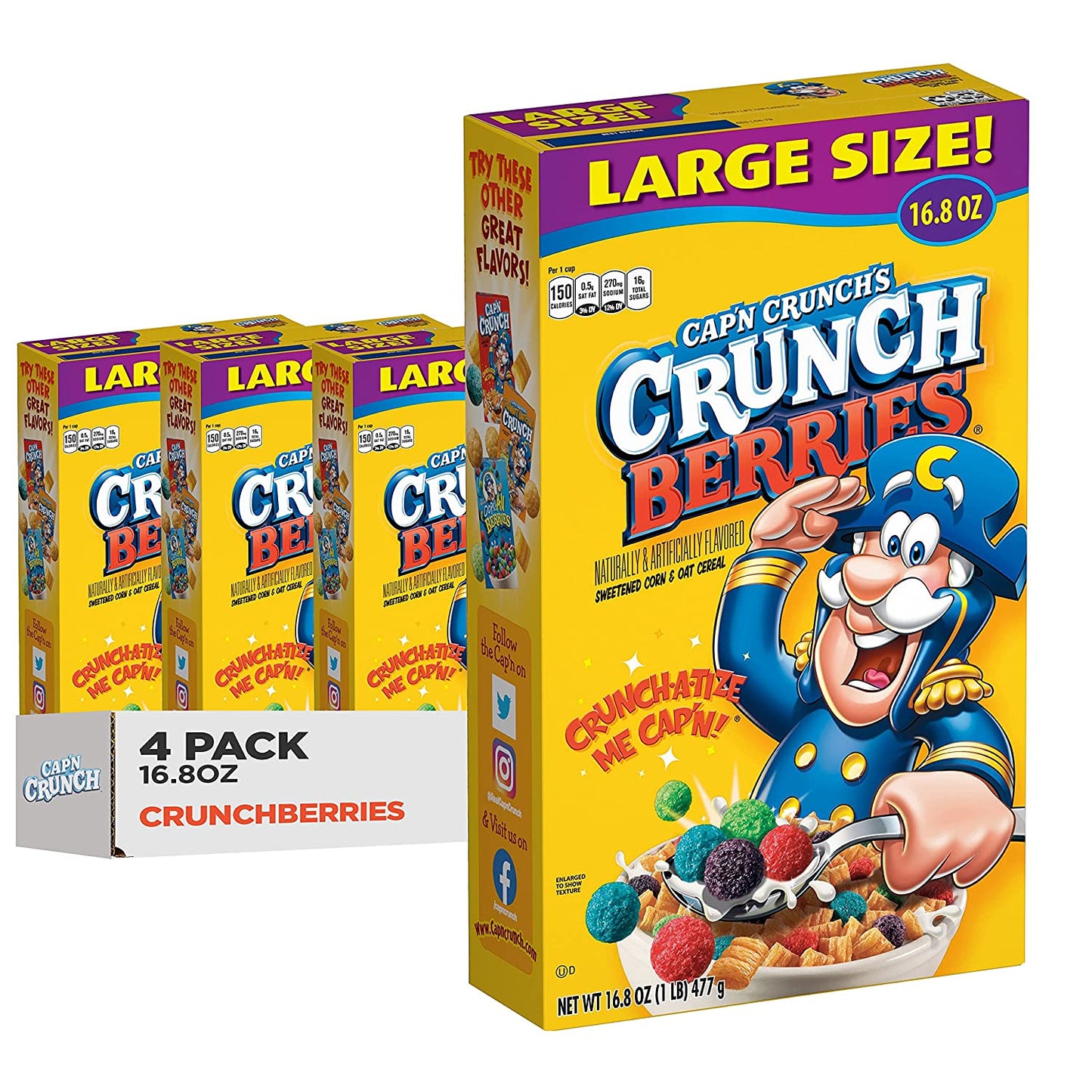 Cap'n Crunch Cereal, Crunch Berries, 16.8oz Boxes (4 Pack)