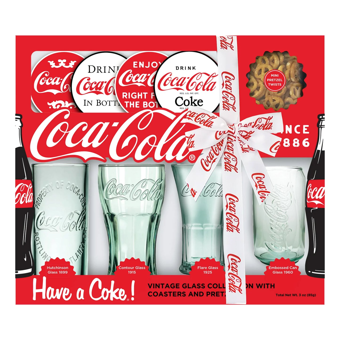 Coca Cola Glass Collectors Set with Vintage Glasses, Coasters, and Pretzels, 3 oz