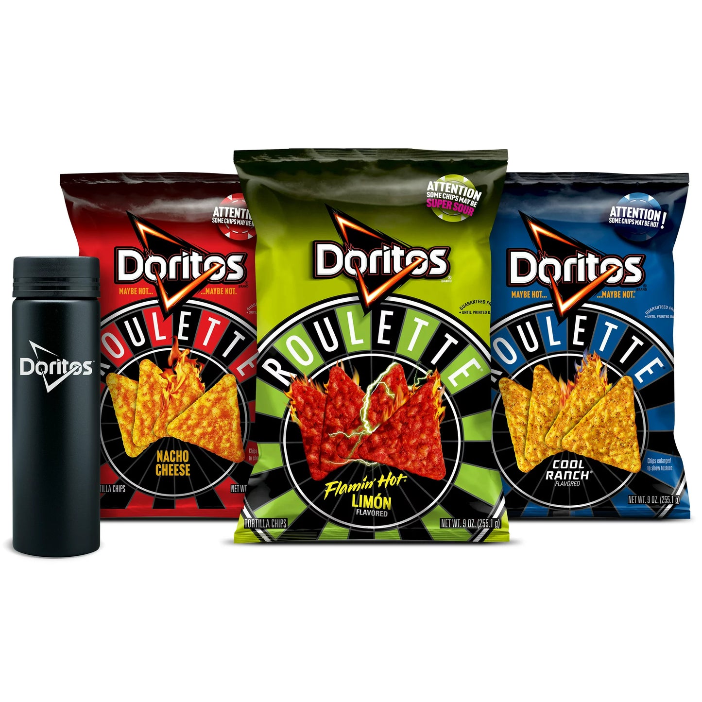 Doritos Roulette Nacho Cheese, Cool Ranch & Flamin’ Hot Limon, 9 oz, Bundle with Water Bottle