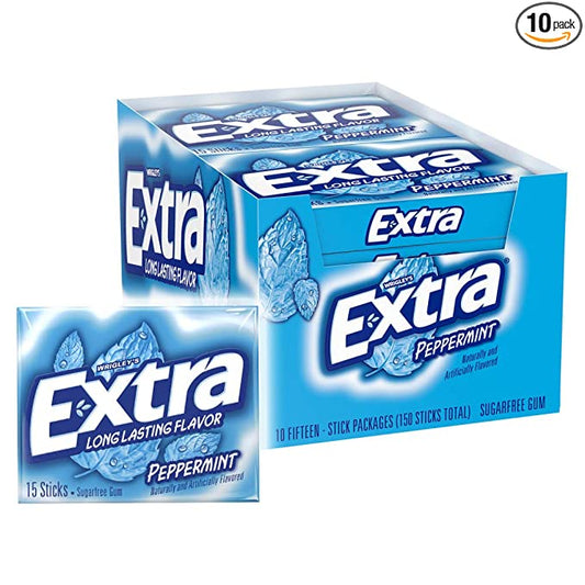 Extra Gum Peppermint Chewing Gum, 15 Pieces (Pack of 10) - USA