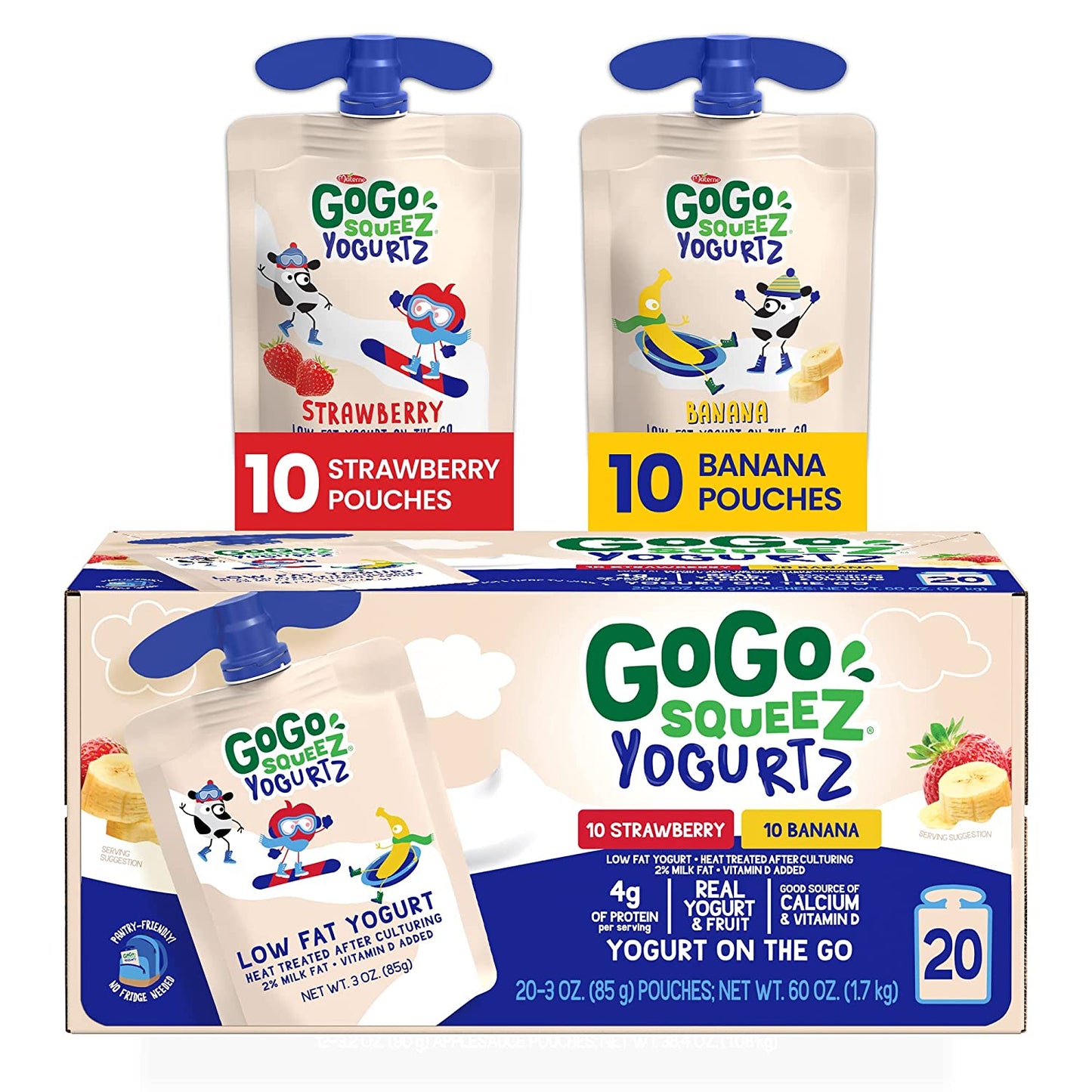 GoGo squeeZ yogurtZ Variety Pack, Strawberry, Banana, 3 oz. (20 Pouches) - Pantry Friendly Kids Snacks Made from Real Yogurt & Fruit, No Fridge Needed - No Preservatives - Kosher Certified - Gluten Free Snacks for Kids