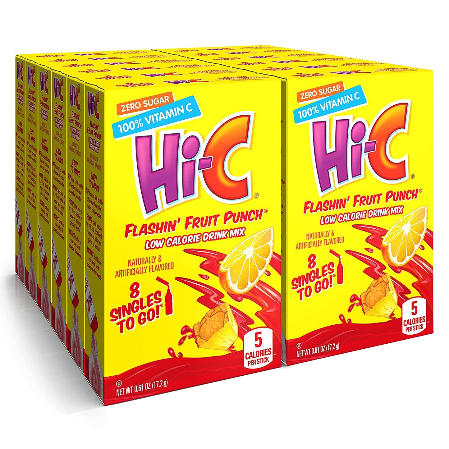 Hi-C Flashin Fruit Punch, Singles To Go, Zero Sugar, Powdered Drink Mix, Excellent Source Of Vitamin C, 8 Count (Pack Of 12)