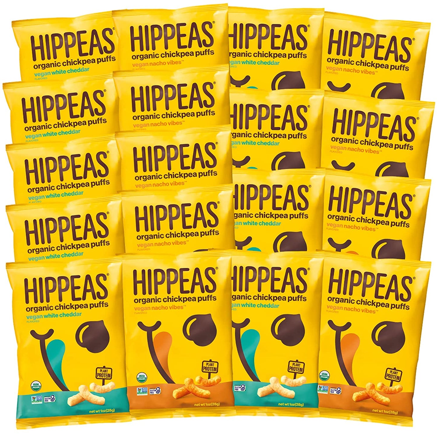 Hippeas Organic Chickpea Puffs, Cheeze Variety Pack: Vegan White Cheddar, Nacho Vibes, 1 Ounce (Pack of 18), 4g Protein, 3g Fiber, Vegan, Gluten-Free, Crunchy, Plant Protein Snacks