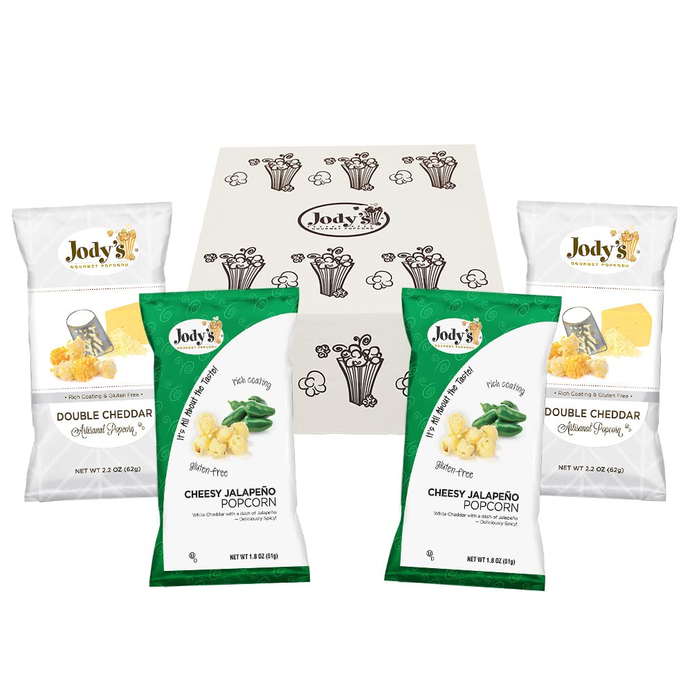 Jody’s Gourmet Popcorn 6.5oz 4 Pack. Double Cheddar and Cheesy Jalapeno. Delicious, Savoury, and Spicy Popcorn. Gluten-Free, No Preservatives, Kosher Certified, Made with Non-GMO Popcorn Kernels.