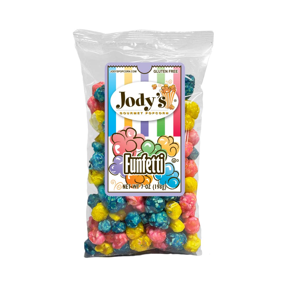 Jody's Gourmet Popcorn Funfetti, 7 Ounce. Decadent, Indulgent, Colorful, Rich candy coated popcorn. Gluten Free, Kosher Certified, Non-GMO, Made in USA