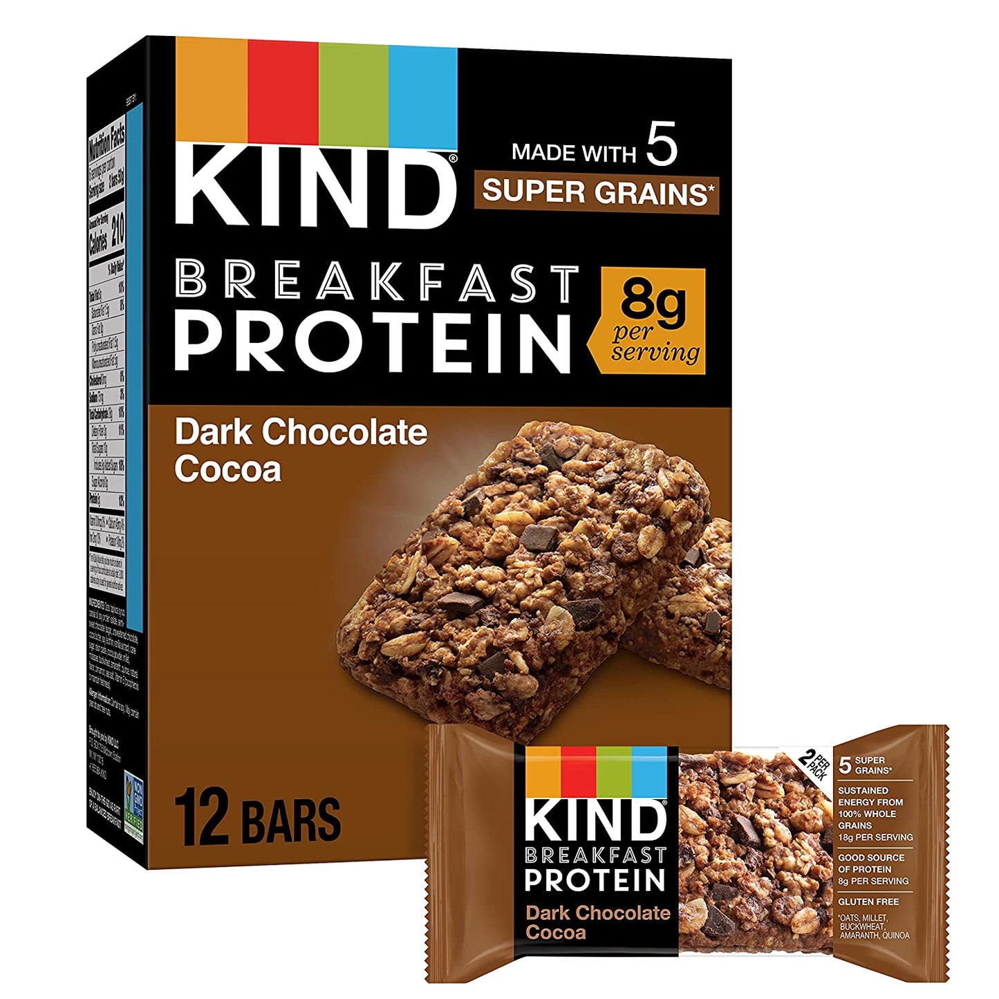 KIND Breakfast, Healthy Snack Bar, Dark Chocolate Cocoa, Gluten Free Breakfast Bars, 8g Protein, 1.76 OZ Packs (6 Count)