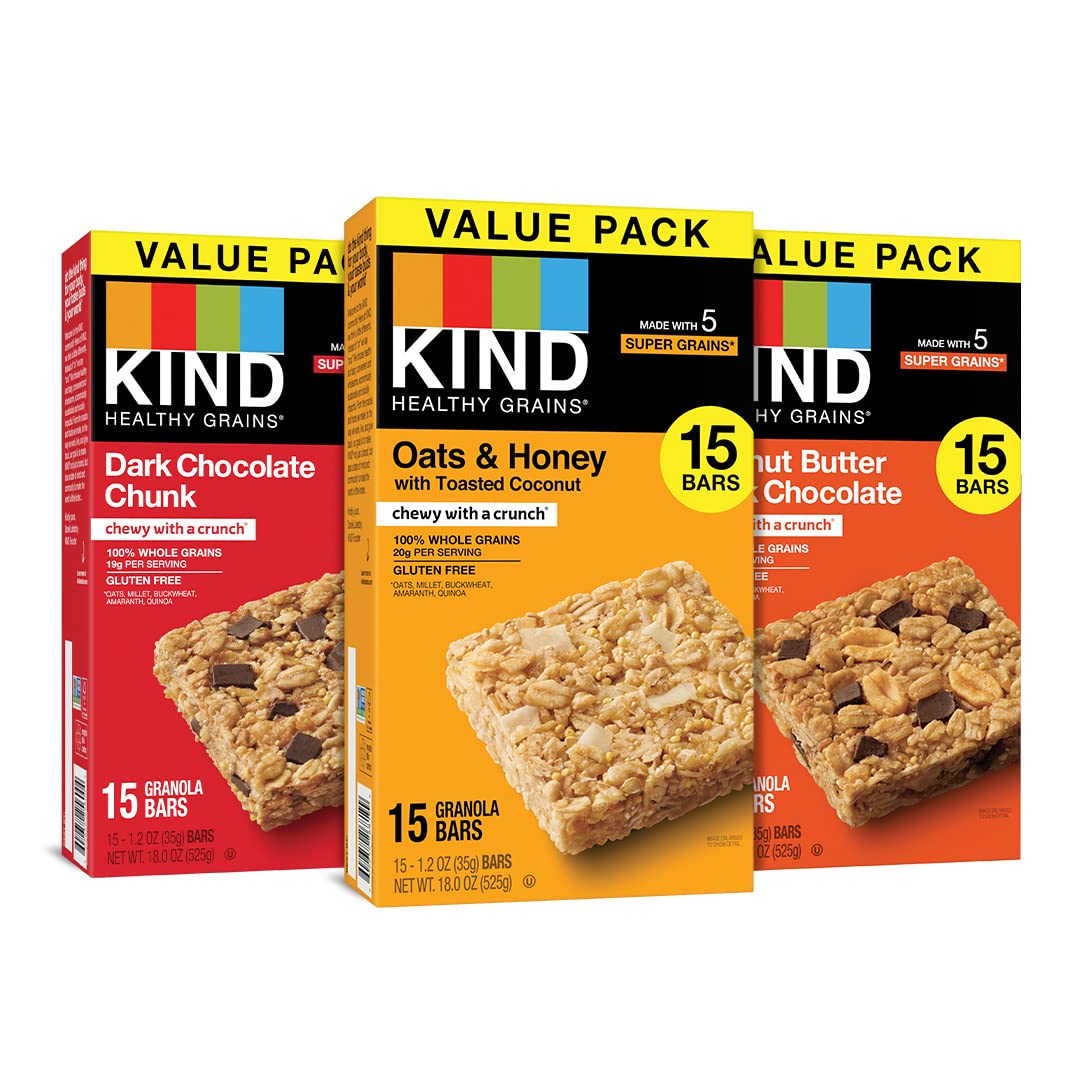KIND Healthy Grains Bars, Variety Pack, Dark Chocolate Chunk, Oats & Honey, Peanut Butter Dark Chocolate, Healthy Snacks, Gluten Free, 45 Count