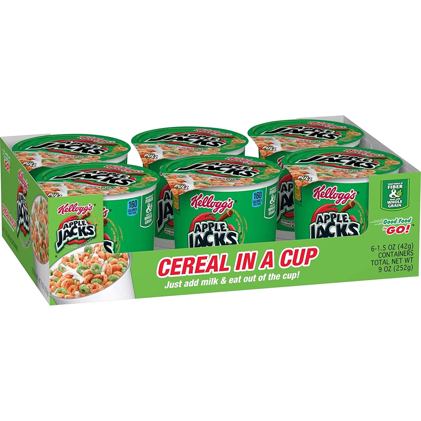 Kellogg’s Apple Jacks Cold Breakfast Cereal Cups, 8 Vitamins and Minerals, Kids Snacks, Original (12 Cups)