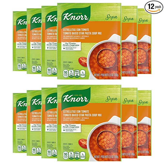 Knorr Sopa/Pasta Soup Mix For A Warming Bowl of Soup or Simple Dinner Tomato Based Star Pasta Tomato Soup With Natural and Artificial Flavors 3.5 oz, Pack of 12