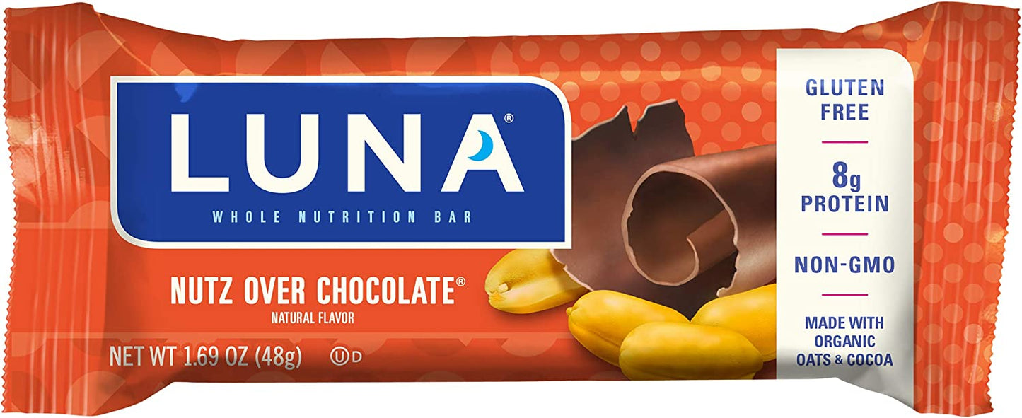 LUNA BAR - Gluten Free Snack Bars - Nutz Over Chocolate Flavor - 9g of protein - Non-GMO - Plant-Based Wholesome Snacking - On the Go Snacks (1.69 Ounce Snack Bars, 15 Count)