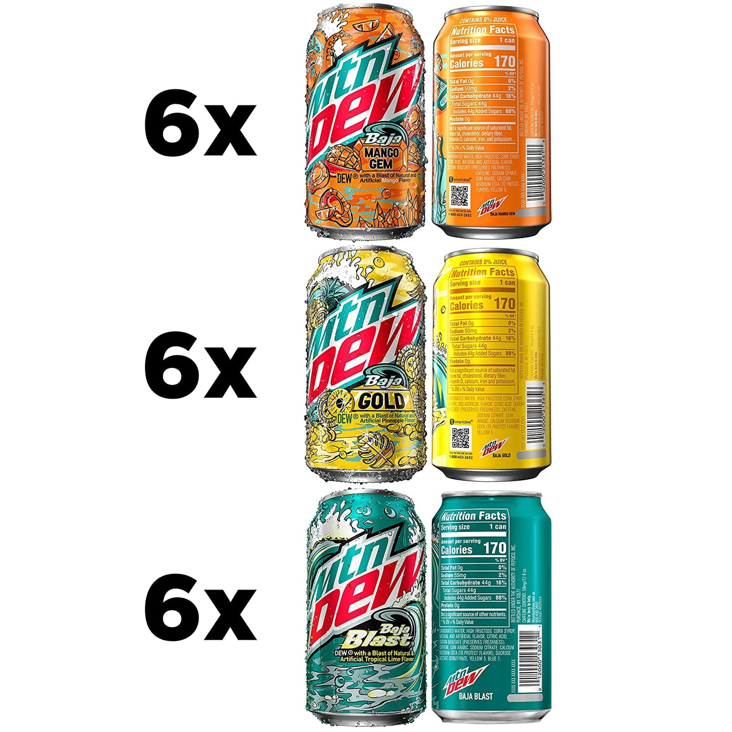Mountain Dew Baja Tropics 3 Flavor Variety Pack, 12oz Cans (18 Pack), Limited Edition - OOS