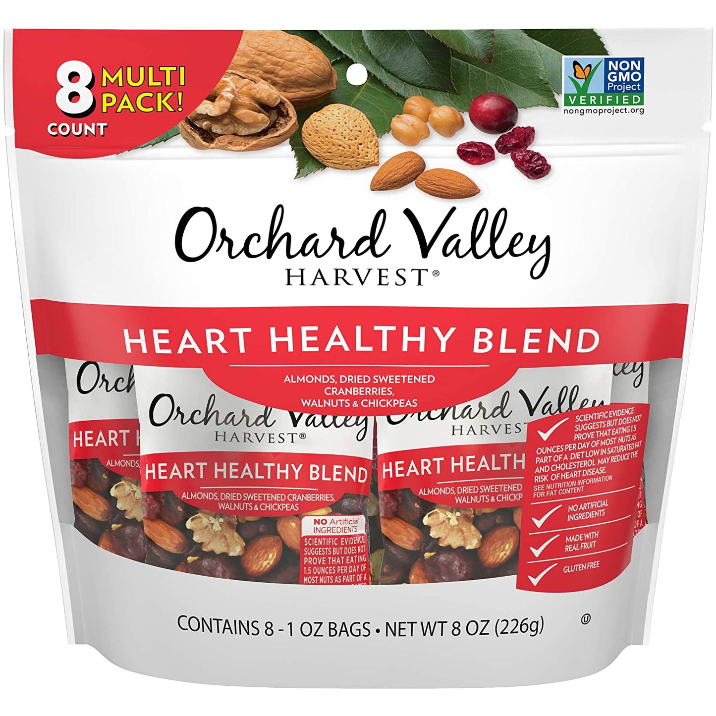 Orchard Valley Harvest Heart Healthy Blend, 1 Ounce Bags (Pack of 8), Almonds, Cranberries, Walnuts, and Chickpeas, Gluten Free, Non-GMO, No Artificial Ingredients