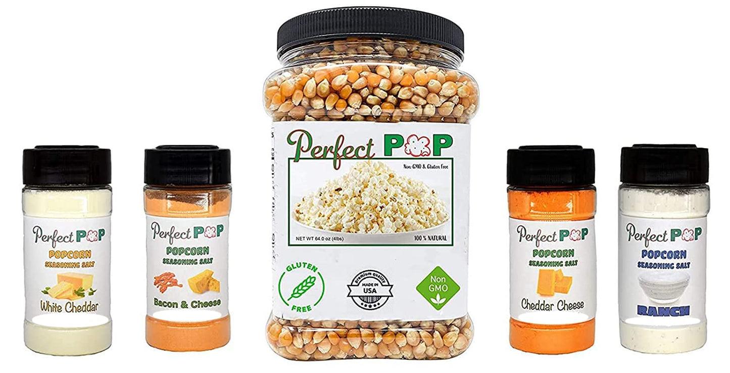 Perfectware Popcorn Season and Kernel Set(Includes 4-4oz Season Jars & 4lbs of Yellow Popcorn Kernels)