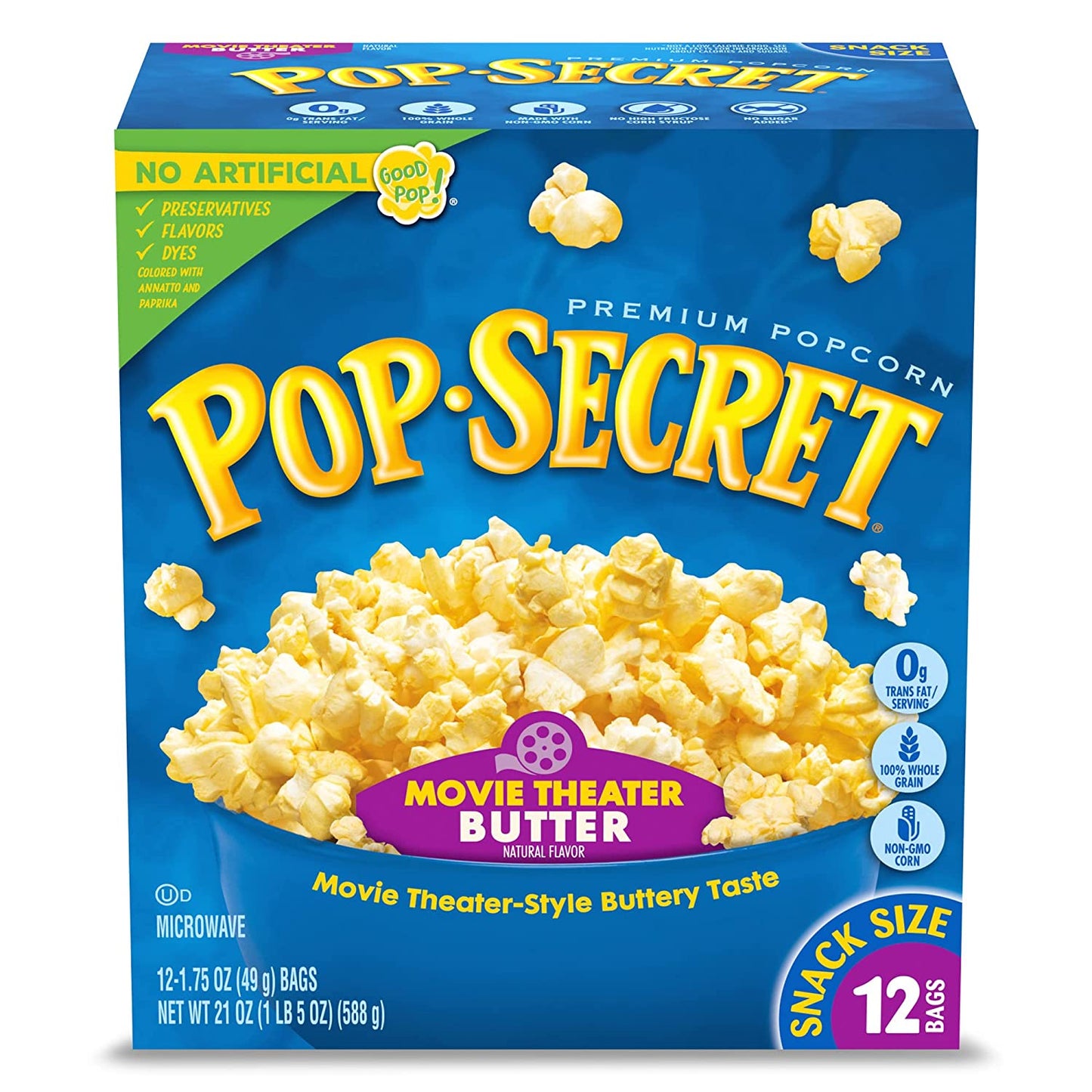 Pop Secret Microwave Popcorn, Movie Theater Butter Flavor, 1.75 Oz Snack Bags, 12 Ct