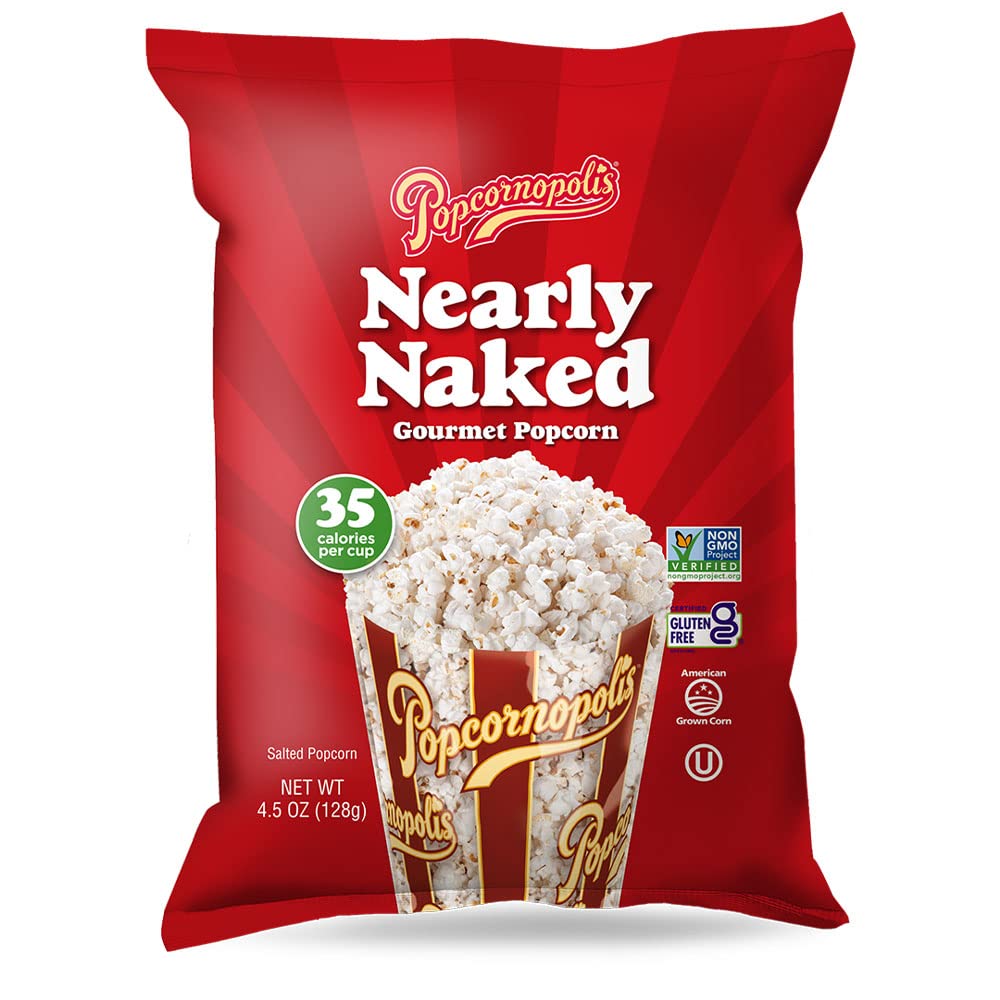 Popcornopolis Nearly Naked Gourmet Popcorn, Popped Popcorn Snack Bags, 4.5 Ounce (Pack of 8)
