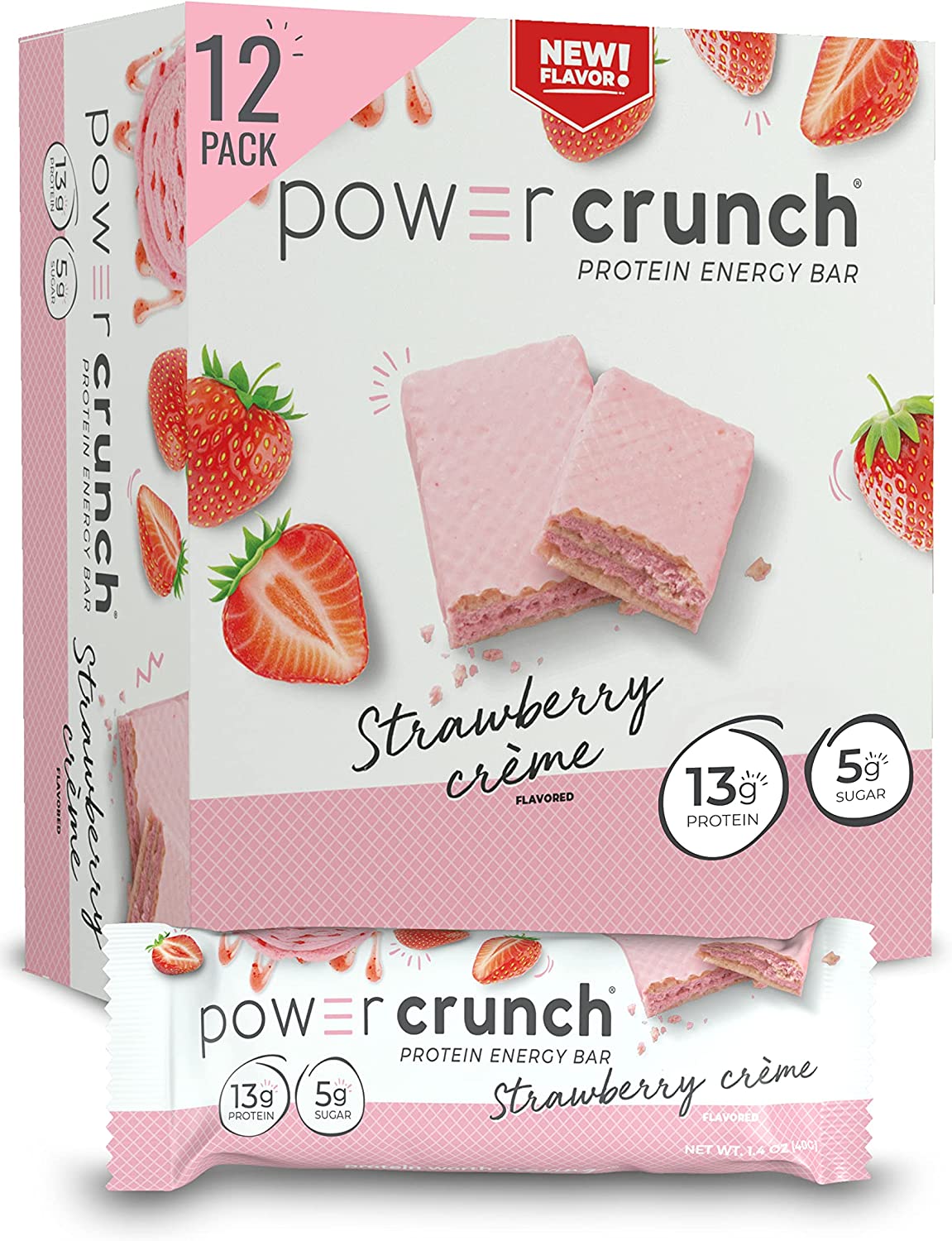 Power Crunch Whey Protein Wafer Bars, High Protein Snacks with Delicious Taste, Strawberry Crème, 1.4 Ounce (12 Count)