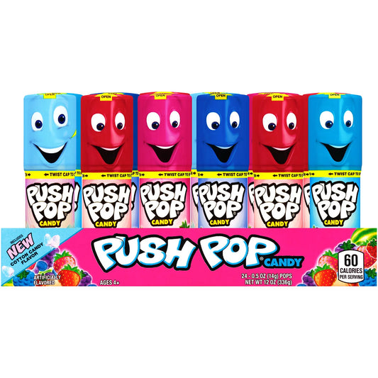 Push Pop Candy Mix, Blue Raspberry, Watermelon, Strawberry, Cotton Candy and Mystery Flavors (24 pk.) Wholesale