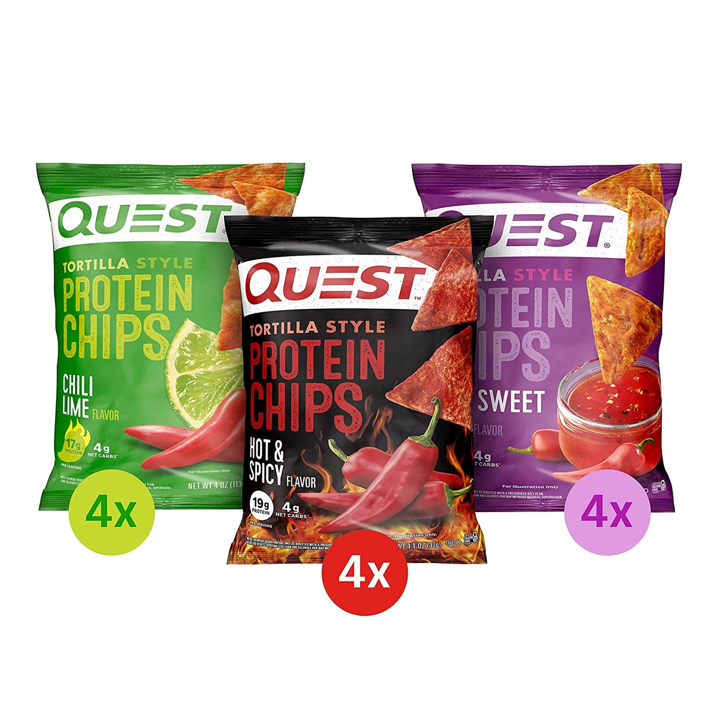Quest Nutrition Tortilla Style Protein Chips, Spicy Variety Pack, Chili Lime, Hot & Spicy, & Spicy Sweet Chili, 12 Count (3 Each Flavor)