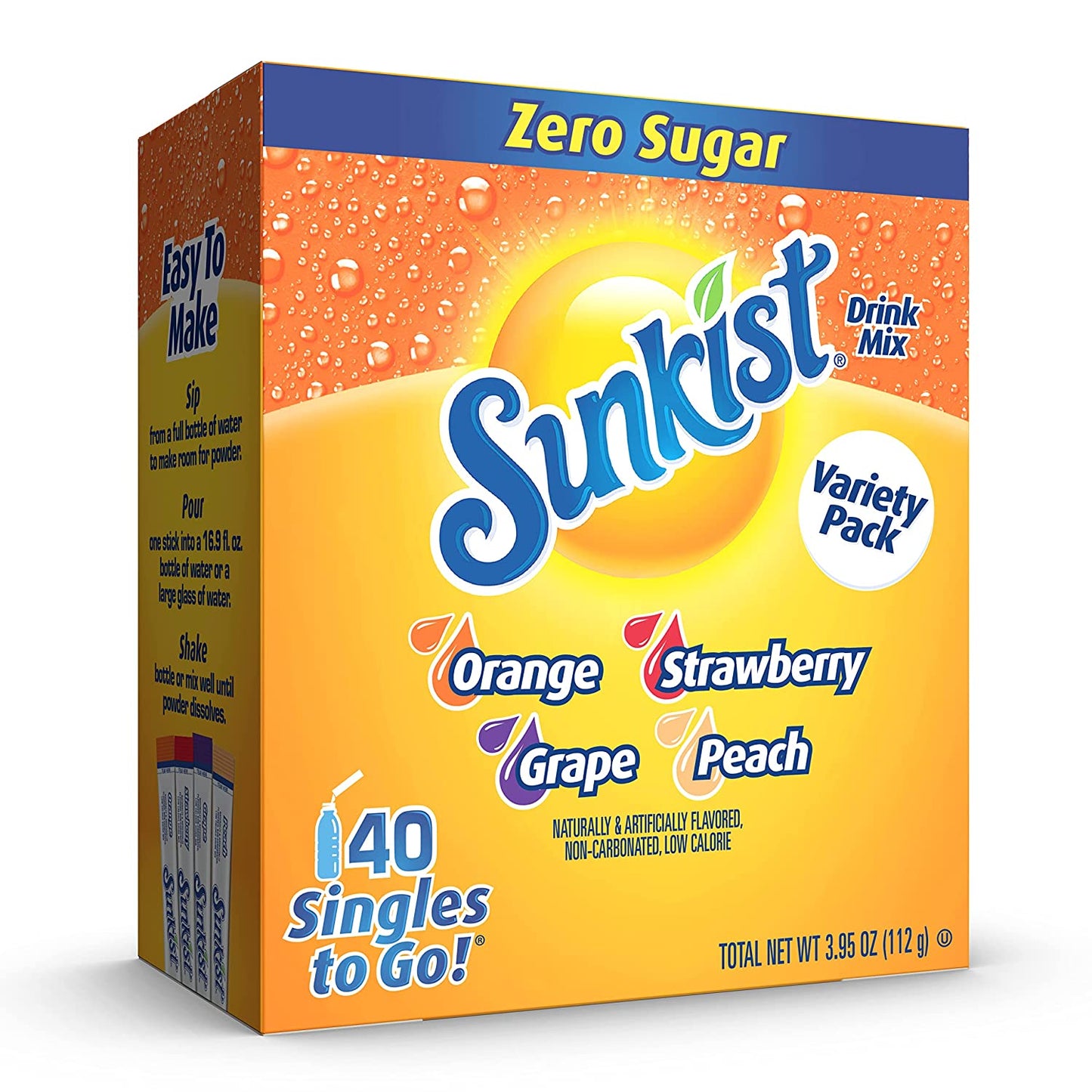 SINGLES TO GO! Sunkist Soda Variety Pack, Orange, Strawberry, Grape and Peach, 40 Total Sticks