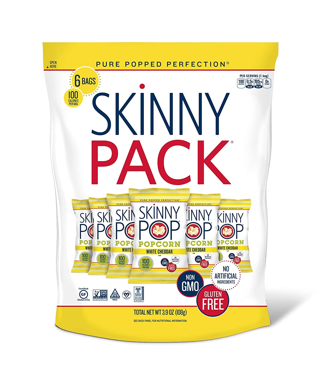 SkinnyPop Popcorn, Gluten Free, Non-GMO, Healthy Snacks, Skinny Pop Dairy Free White Cheddar Popcorn Snack Packs, 0.65 Oz Individual Size Snack Bags (6 Count)