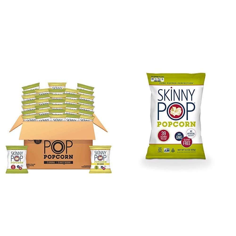 SkinnyPop Popped Popcorn Variety (Original & White Cheddar), Individual Bags, Healthy Snacks, 0.5oz (Pack of 40) & Popcorn, Original, 4.4 oz