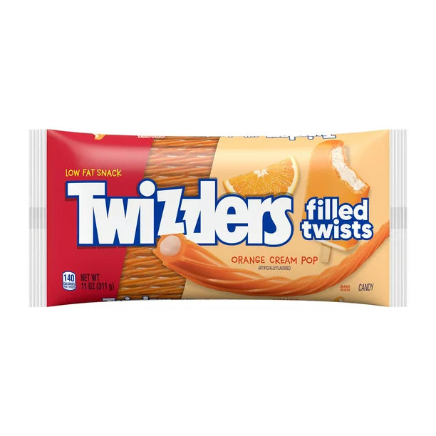 TWIZZLERS, Filled Twists Orange Cream Pop Flavored Chewy Candy, Low Fat, 11 oz, Bag
