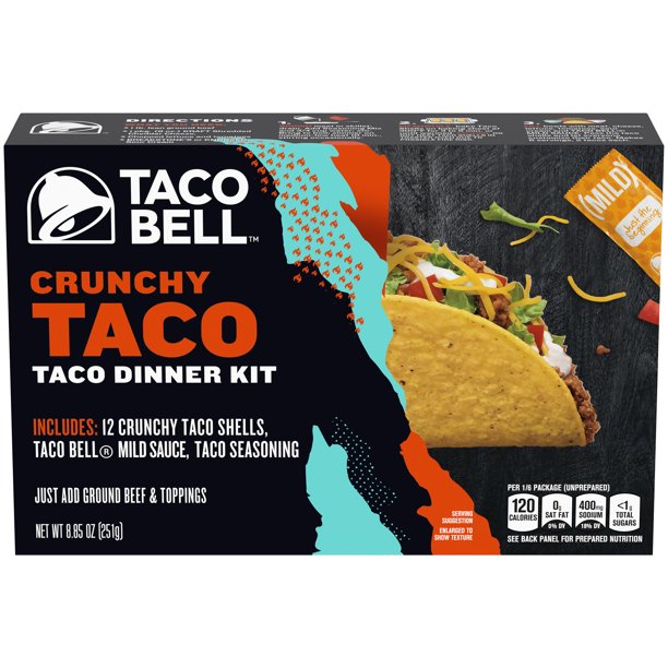 Taco Bell Crunchy Taco Dinner Kit with 12 Crunchy Taco Shells, Taco Bell Mild Sauce & Seasoning, 8.85 oz Box
