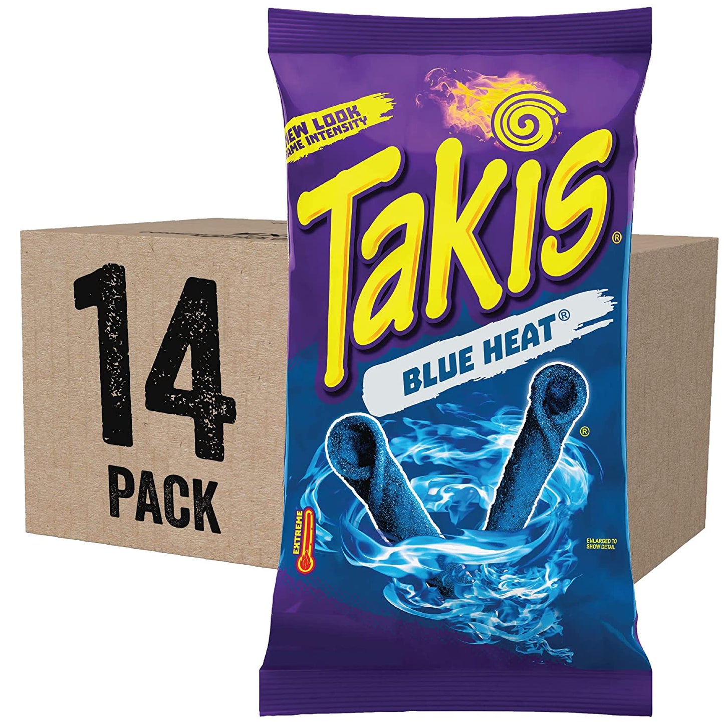 Takis Blue Heat Rolled Tortilla Chips, Hot Chili Pepper , Multipack Box with 14 Bags of 9.9 Ounces, Net  8 Pounds 10.6 Oz