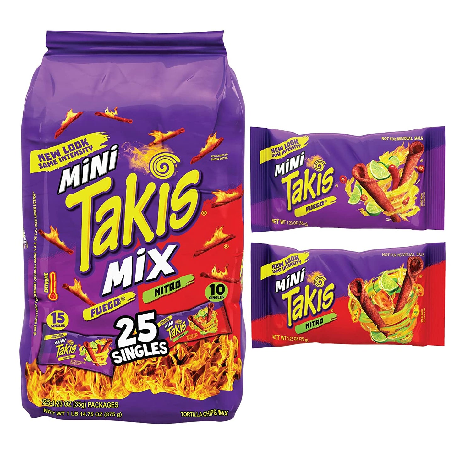 Takis Mini Fuego and Nitro Rolled Tortilla Chips, Hot Chili Pepper and Lime and Habanero and Lime Artificially Flavored, 25 Individual Snack Packs, 1.23 Ounces Each, Net Weight of 30.75 Ounces