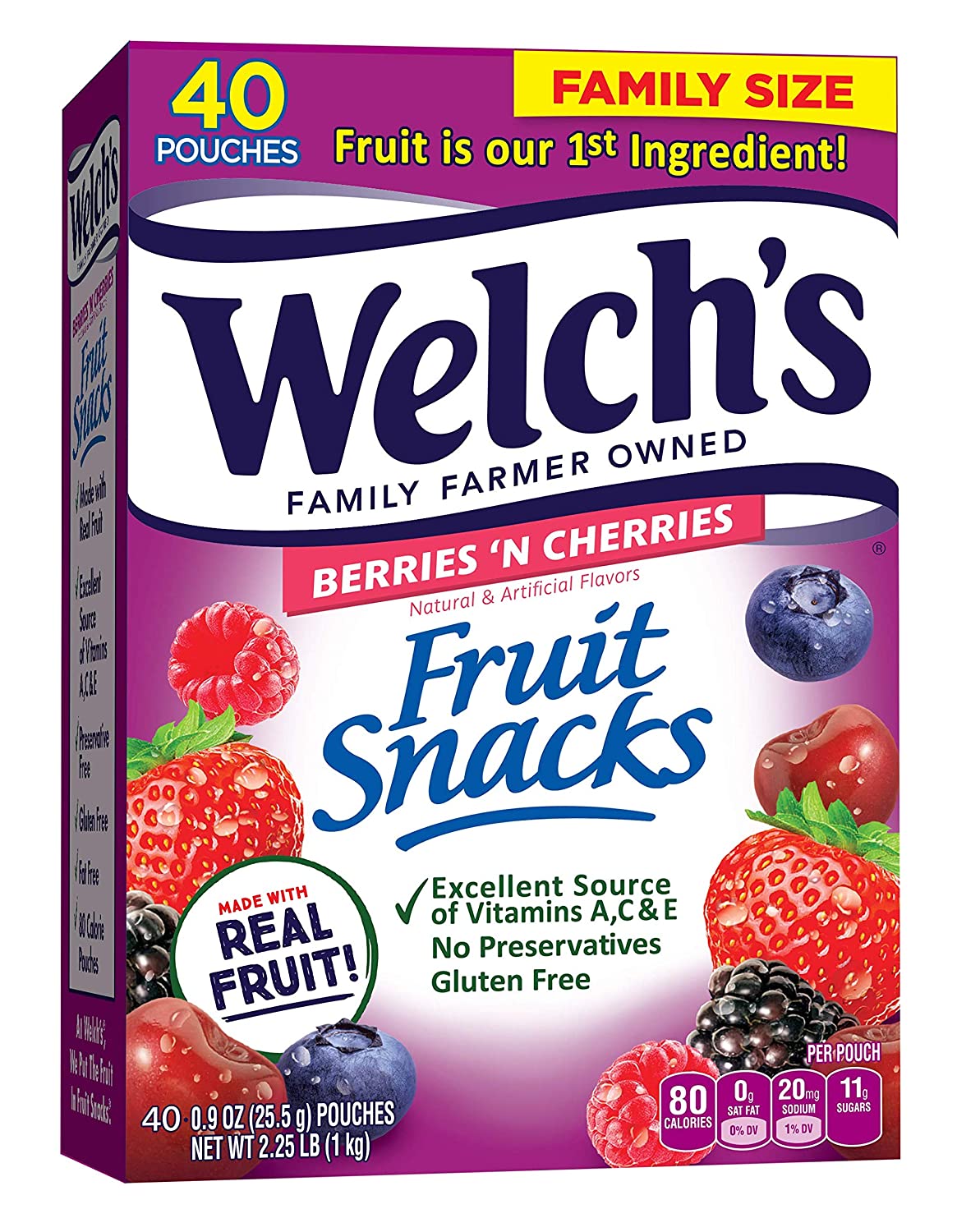Welch's Fruit Snacks, Berries 'n Cherries, Gluten Free, Bulk Pack, 0.9 Ounce (Pack of 40)