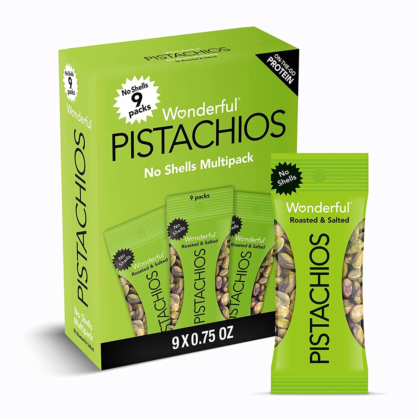 Wonderful Pistachios No Shells Roasted and Salted Nuts, 0.75 Ounce (Pack of 9)