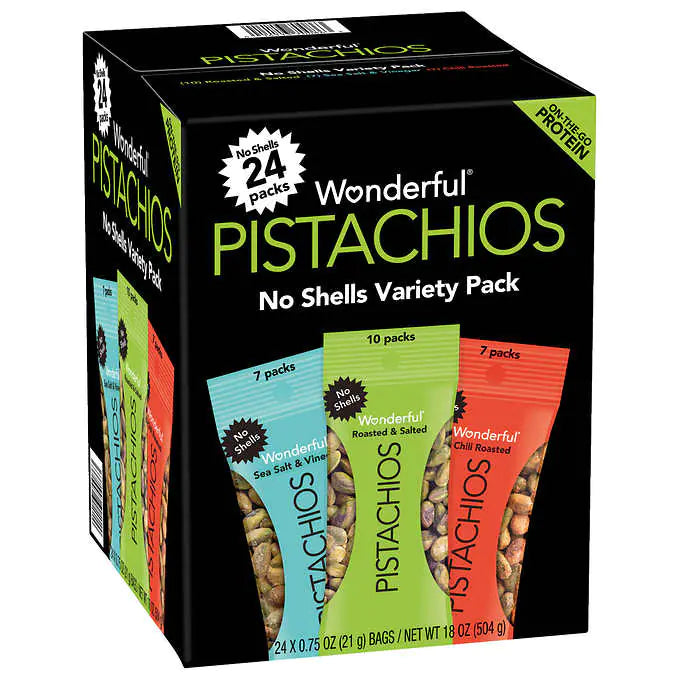 Wonderful Pistachios, No Shell, Variety Pack, .75 oz, 18 -count