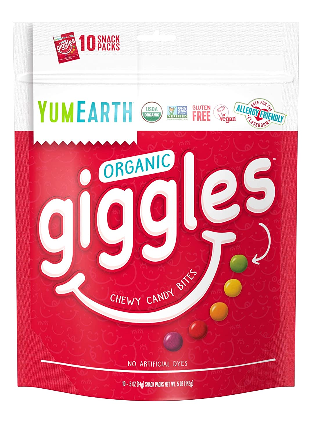 YumEarth Organic Fruit Flavored Giggles Chewy Candy Bites, 10- 0.5 oz. Snack Packs, Allergy Friendly, Gluten Free, Non-GMO, Vegan, No Artificial Flavors or Dyes