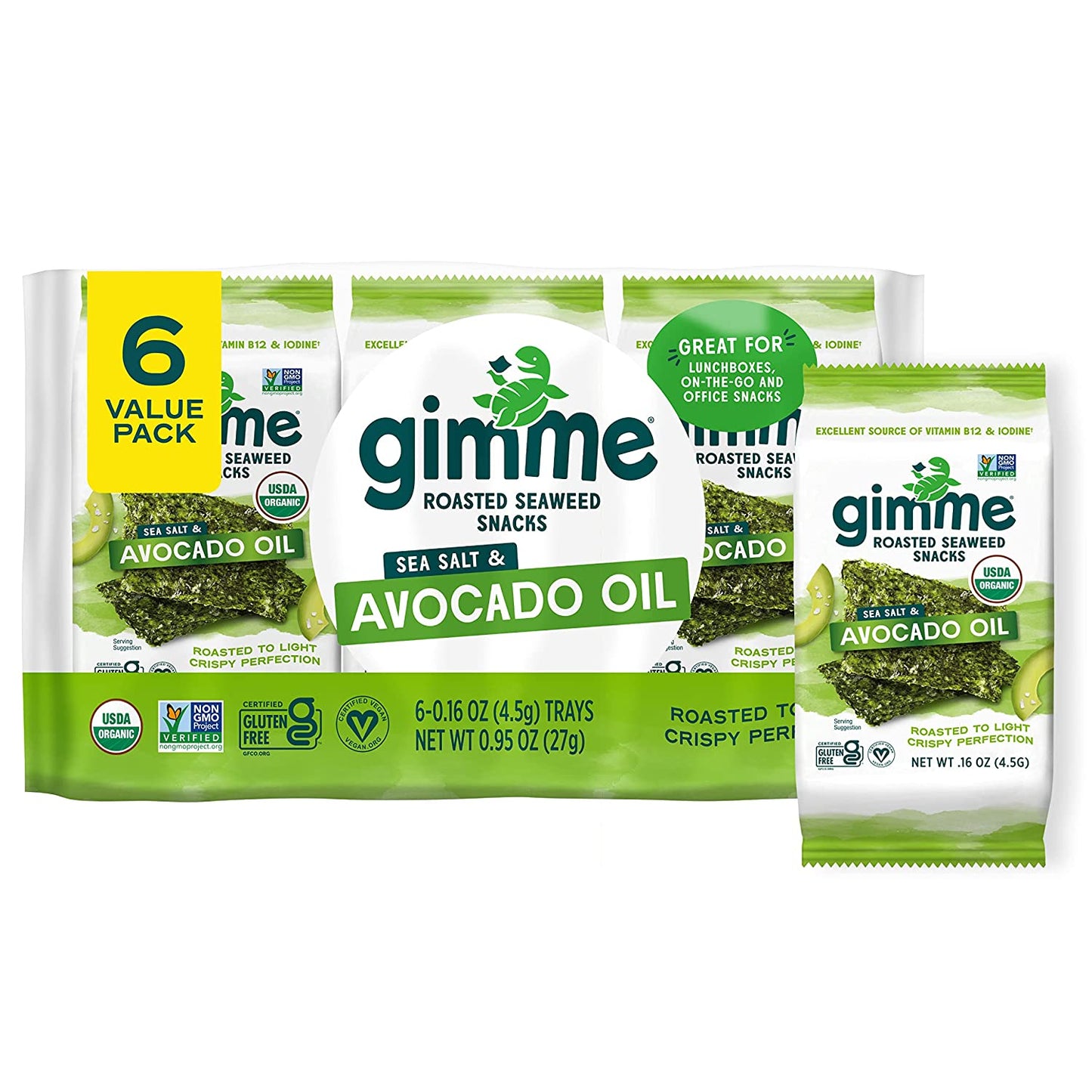 gimMe - Sea Salt & Avocado Oil - 6 Count - Organic Roasted Seaweed Sheets - Keto, Vegan, Gluten Free - Great Source of Iodine & Omega 3’s - Healthy On-The-Go Snack for Kids & Adults