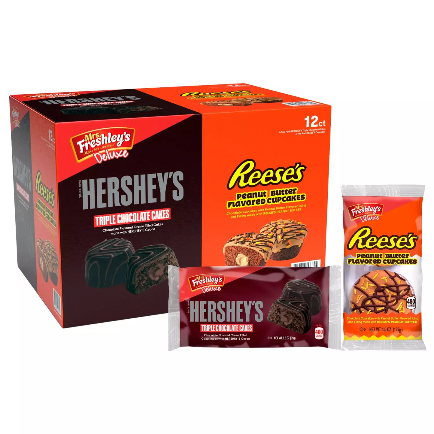 Mrs. Freshley's Deluxe Cupcakes Variety Pack (48 oz.) 12 Pack - Hershey's Triple Chocolate CakesReese's Peanut Butter Flavored Cupcakes - OOS